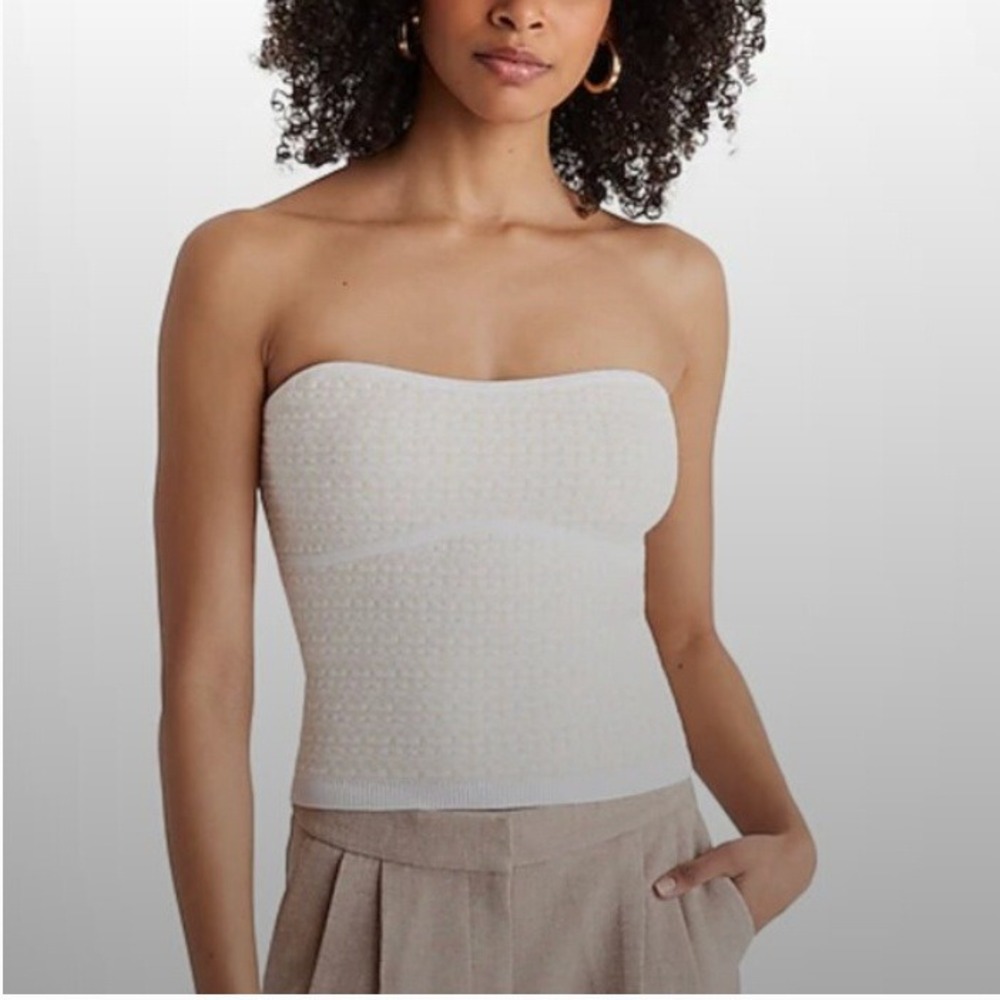 Express Textured Pattern Strapless Sweater Tube Top in White Print